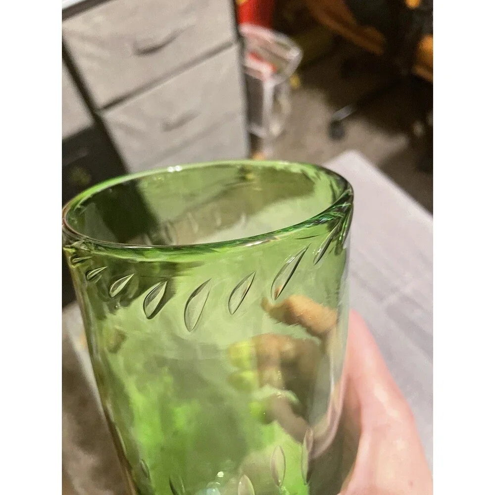 70’s Art Deco Hand Blown Controlled Bubble Apple Green & Clear Base Glass Vase